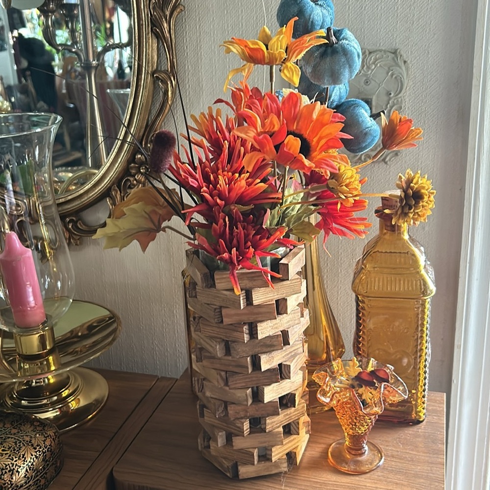 Natural Wood Rectangle Cut Outs Cylinder Vase